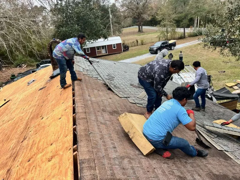 TopCo crew tearing off old shingles, with new plywood decking already laid on the left