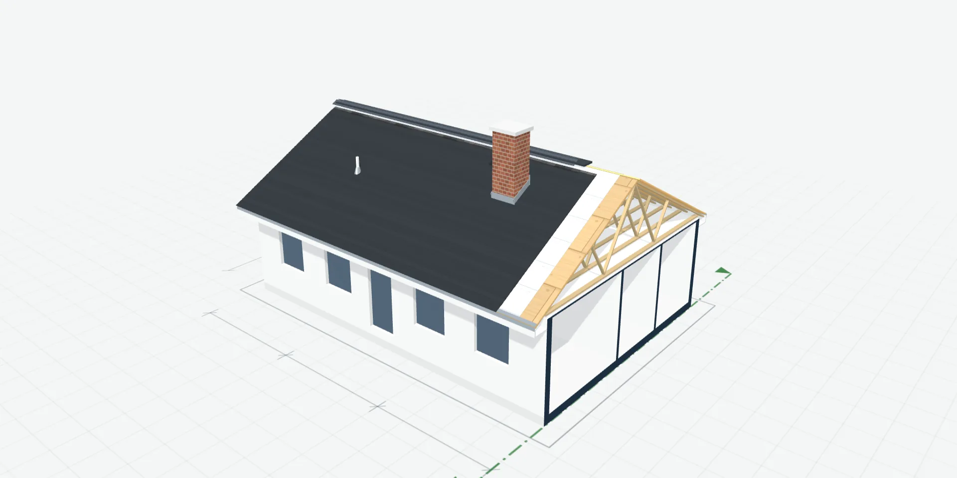 A white architect's model of a house with its roof finished in layers, one corner stepped back to show the decking, underlayment and shingles